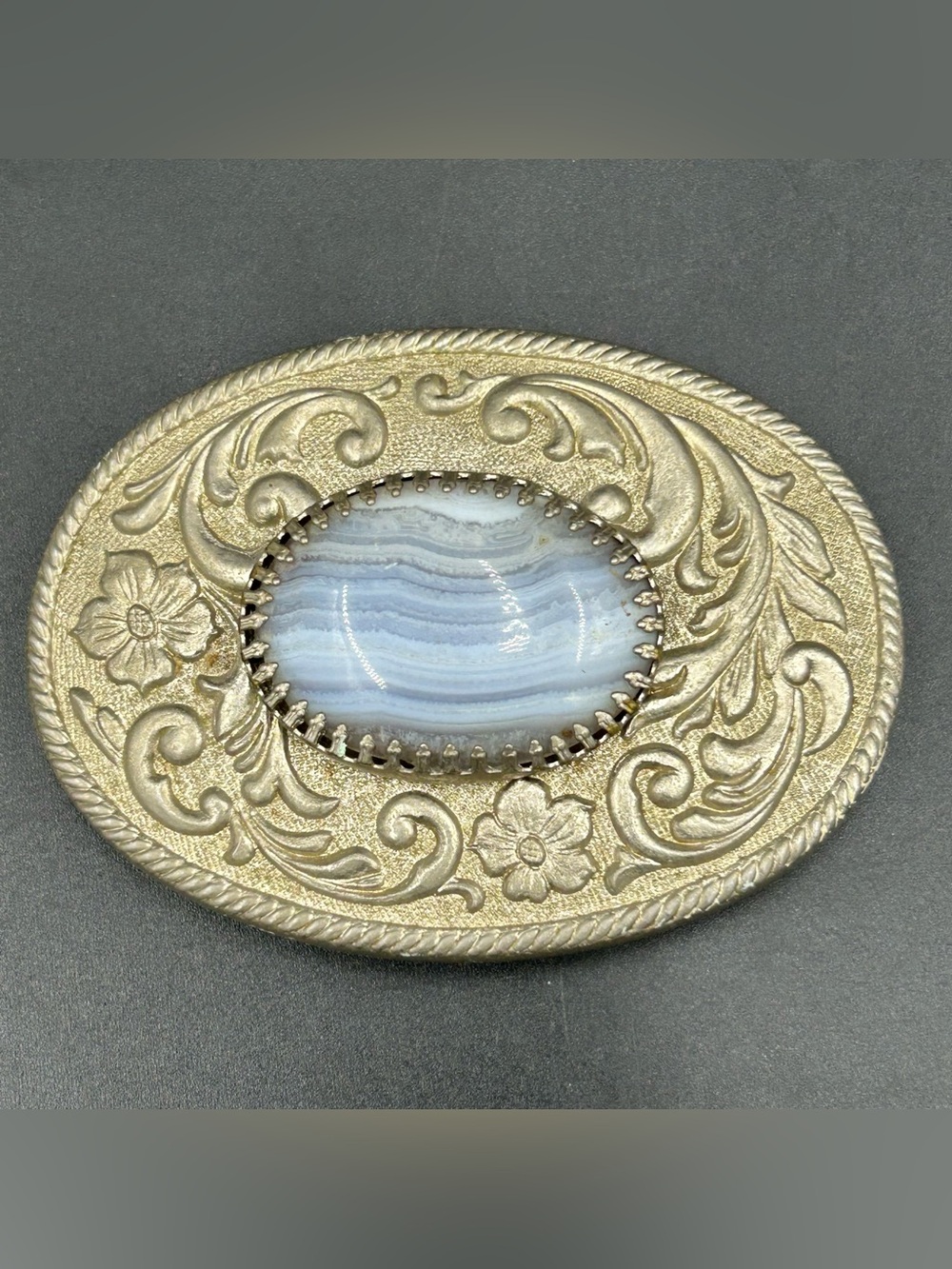 Vintage Blue Lace Agate Western Belt Buckle Oval Floral Scroll Cowboy USA